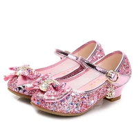princess kids leather shoes for girls flower casual glitter children high heel girls shoes butterfly knot black pink silver
