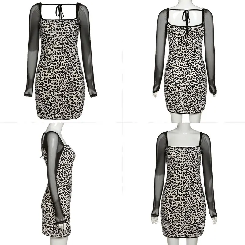

Women Sexy Mesh Long Sleeve Patchwork Bodycon Mini Dress Square Neck Tie Back Leopard Printed Velvet Ribbed Party Clubwear
