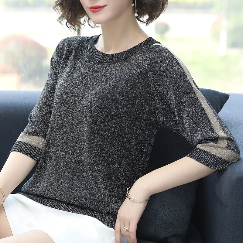 

Women's new women's knitted Quarter Sleeve summer loose thin short sleeve top