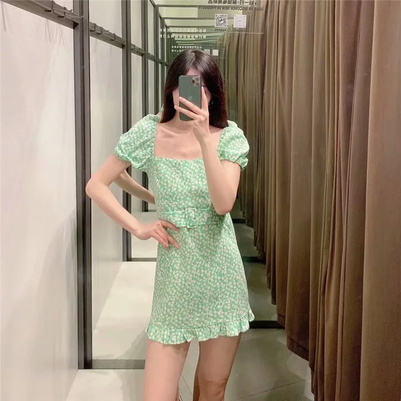 

TMODA1643 Za Summer Women Chic Fashion Floral Print Ruffled Mini Dress With Belt VIntage Puff Sleeve Back Elastic Female Dresses