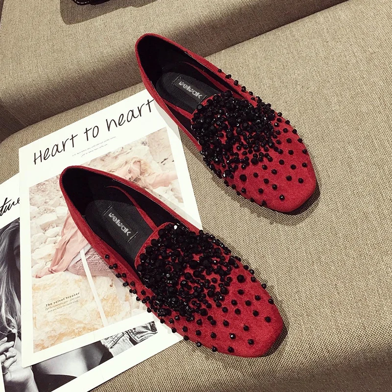 Туфли на плоской подошве со стразами женские лоферы с круглым носком модные