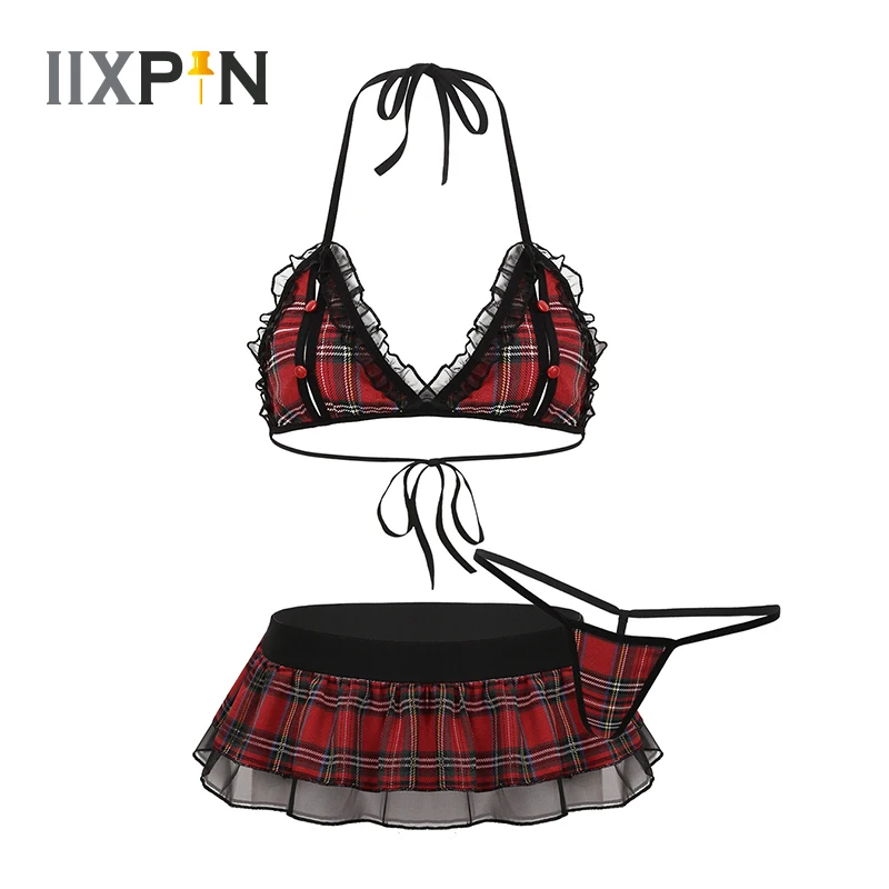 

Womens School Girls Cosplay Costume Outfit Sexy Plaid Costumes Bra Top With Mini Ruffled Skirt And G-string Thongs Sexy Clubwear