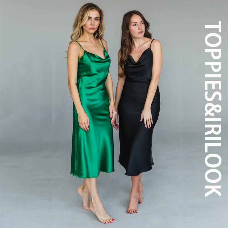 Toppies 2021 Silk Satin Long Dress For Women elegant Swinging collar Sexy Party Strap Sleeveless Green Ladies | Женская одежда