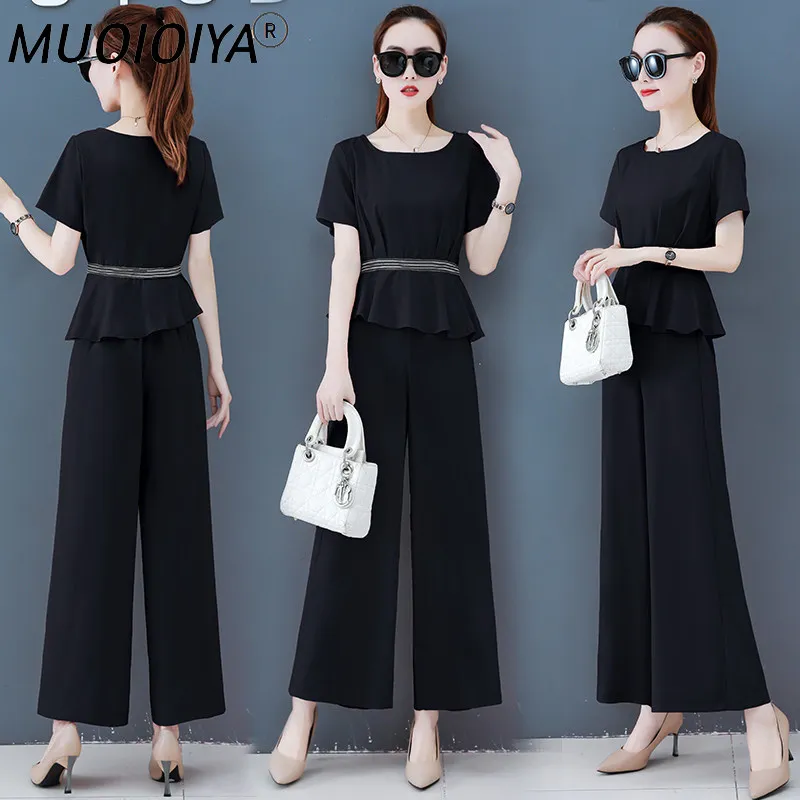 

Женский комплект из двух предметов, элегантная офисная элегантная блузка, топ с широкими штанинами и расклешенные брюки, летний повседневн...