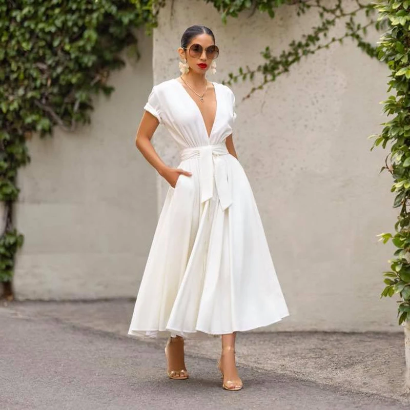 

Women's Spring and Autumn Fashion and Elegant Party Dresses for Women Clothes Sexy Deep V-neck White Casual Dress