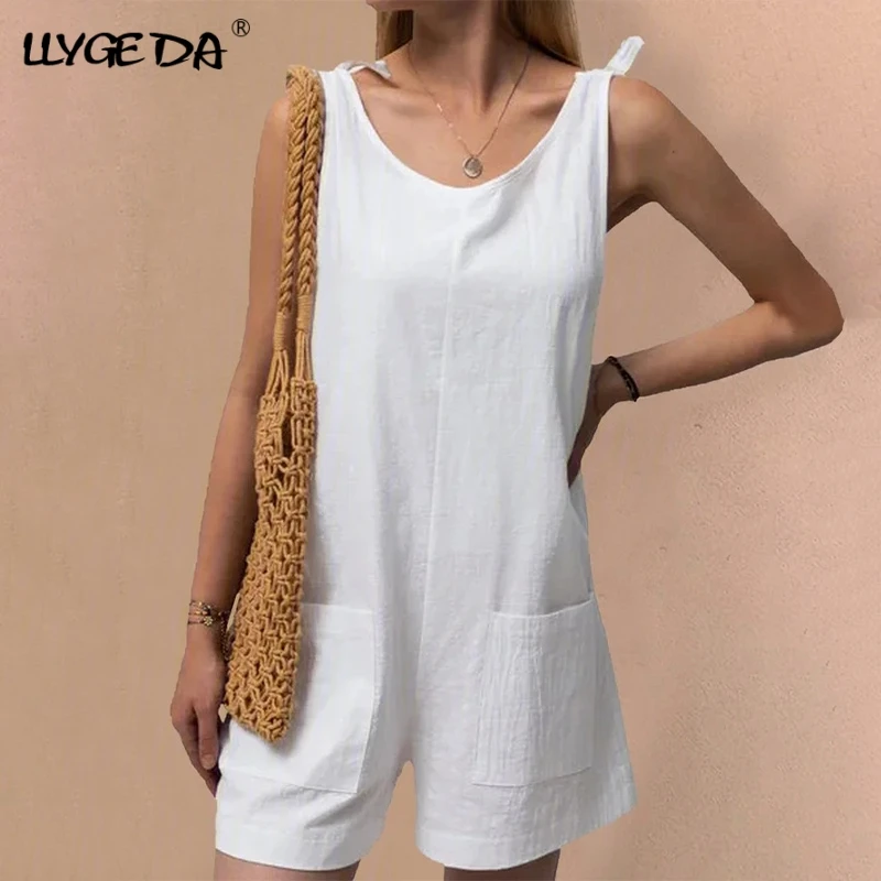 

Комбинезон женский из хлопка и льна, без рукавов, с широкими штанинами, однотонный, свободный, 2021