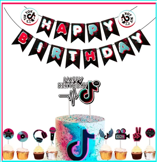 

Music Note Theme Party Supplies TIK Theme Balloons Friends Cake Topper Happy Birthday Banner Birthday Party Decor