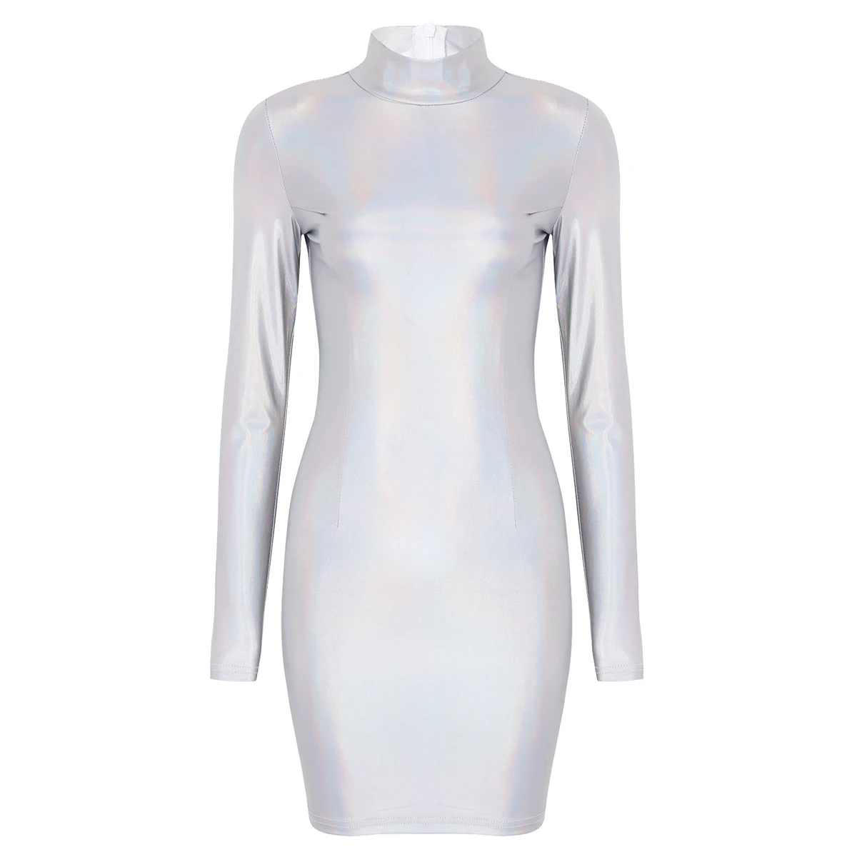 Women Shiny Metallic Holographic Long Sleeves Bodycon Sexy Mini Dress Nightclub Party Clubwear Festival Rave Pole Dance Costume |
