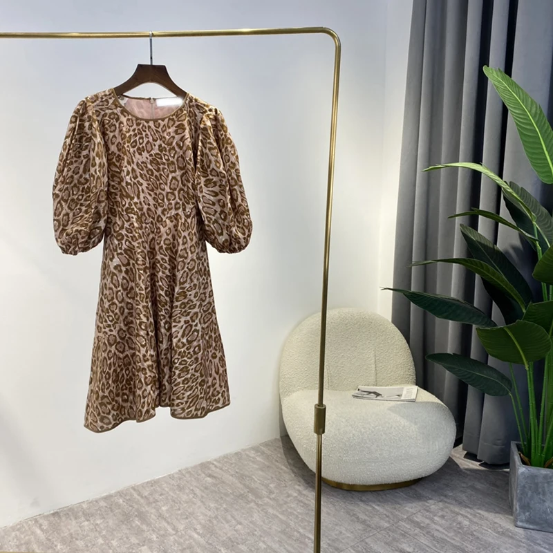 

Мини-платье цвета хаки с леопардовым принтом, женская мода, рукав-фонарик, 100% лен, трапециевидная женская одежда высокого качества, осень 2021