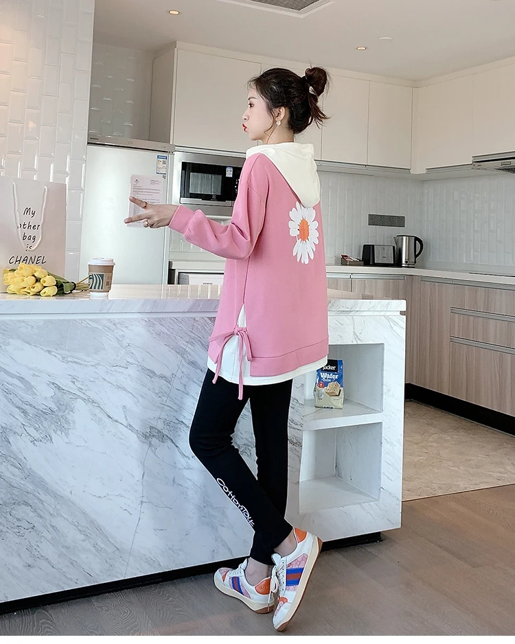 

POUNGDUDU Maternity Suit For Women Pregnant Hooded Sweater Stretch Legging Embroidered Daisy Office Lady Two-piece Sets 2020 New