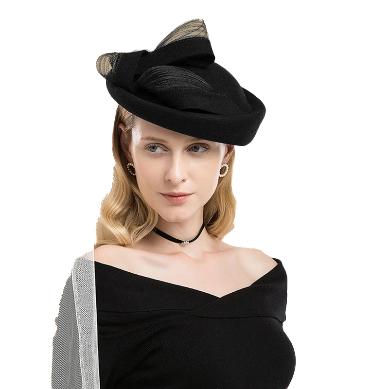 Черная шерстяная Свадебная шляпа чародей Коктейльные шляпы для женщин
