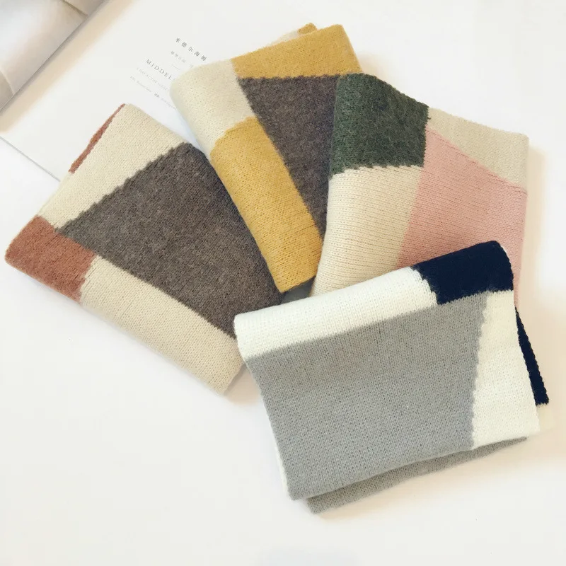 Корейский шерстяной вязаный винтажный лоскутный длинный толстый женский шарф на