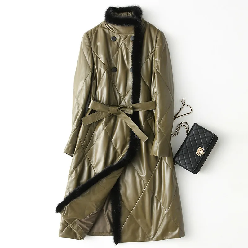 Leather Jacket Women Winter Sheepskin Genuine Real Mink Fur Collar Duck Down Long Coat Chaqueta Mujer X-150 YY544 | Женская одежда