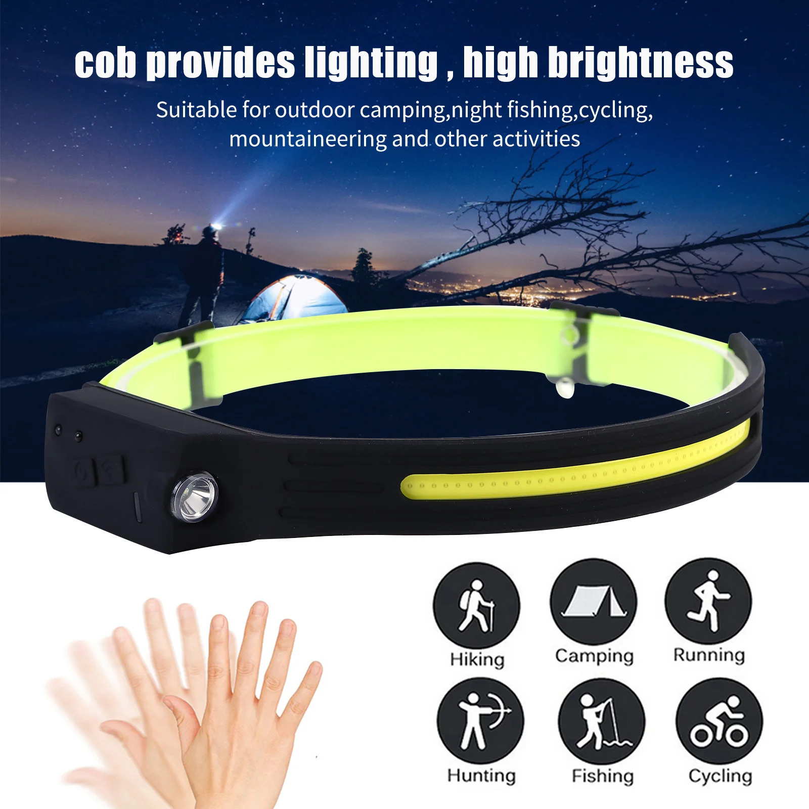 

LED Headlamp with All Perspectives Wave Induction 350 lm Waterproof Head Light for Outdoor Camping Fishing USB Rechargeable Lamp