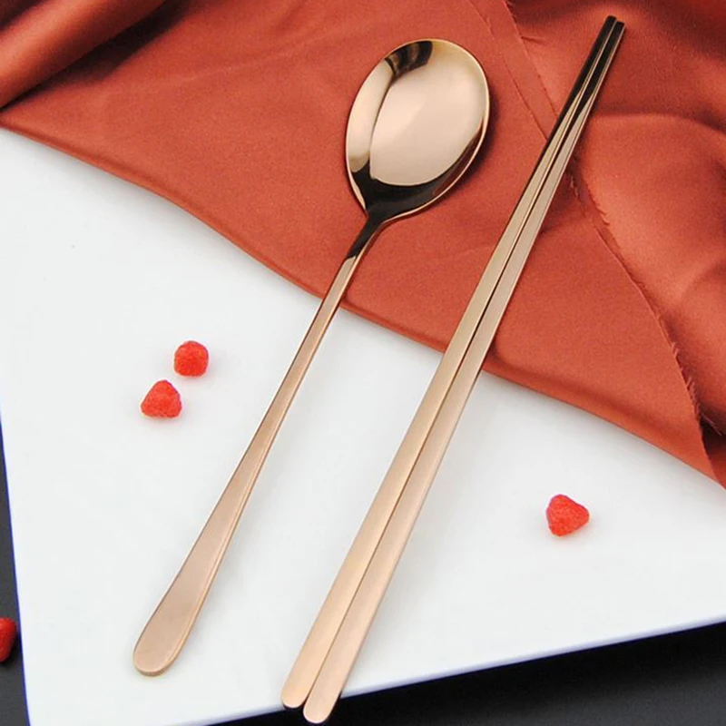 Золотые корейские столовые палочки из нержавеющей стали набор ложек с длинной