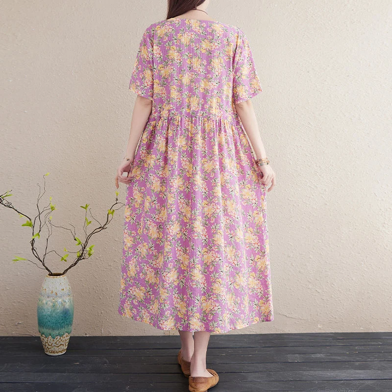 

Fashion Print Women Summer Dress 2021 Casual Loose Short Sleeve O-Neck Drawstring Cotton Elegant Office Lady Dresses Vestidos