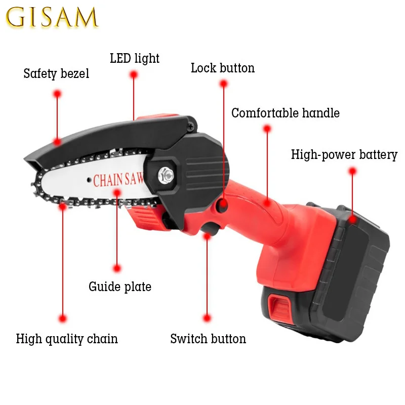 

Cordless Mini Electric Chainsaw 4 Inch 21V With 2 Battery Indicator Rechargeable Woodworking Garden Pruning Shears Chainsaw Kits