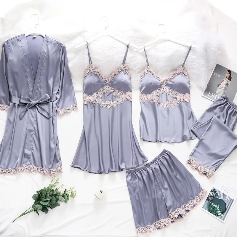 

Fiklyc underwear five-pieces women's summer / spring satin faux silk pajamas sets femme pijamas luxury lace floral embroidery