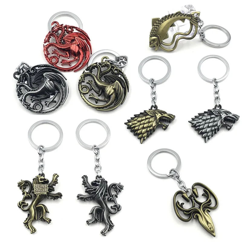 

Movie Season 8 Thrones Keychain House Stark Wolf Head Badge Pendant Ice and Fire Key Chains Keyring Souvenir Accessories Gift