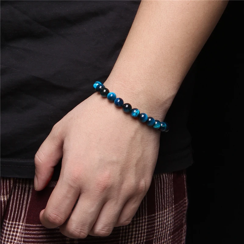 

Blue Yellow Natural Tiger Eye Stone Bracelets For Men Women High Quality Round 8MM Beads Bangles Elasticity Rope Pulsera Jewelry