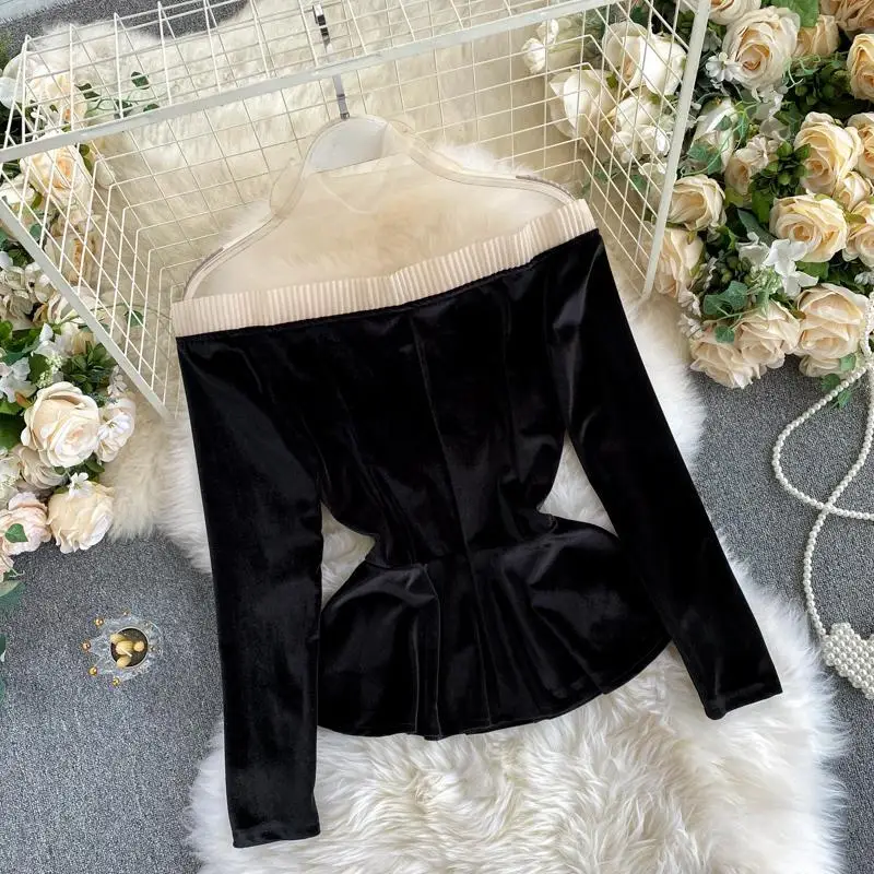 

2021 New Women French Vintage Velour Bottoming Shirt Mesh Spliced Slim Ladies Tops Long Sleeve Female Velvet Shirts Blouses Y343