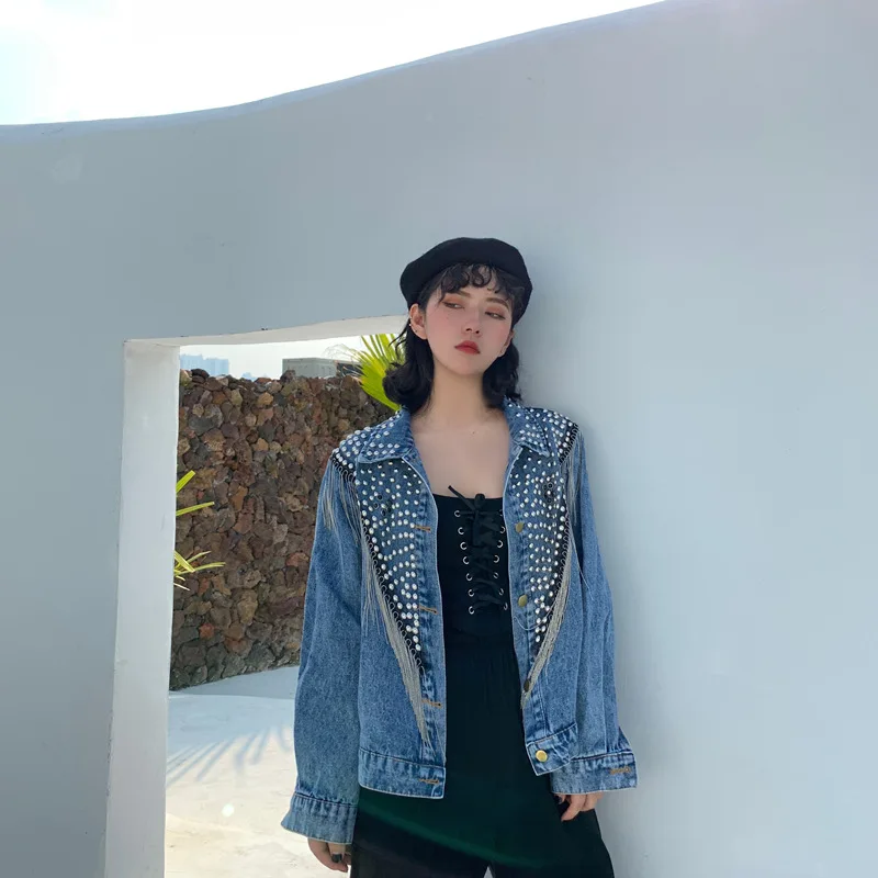 

oversized loose Bead women's denim jacket rivet outwear short streetwear rivet denim coat women solid jean jacket spring autumn