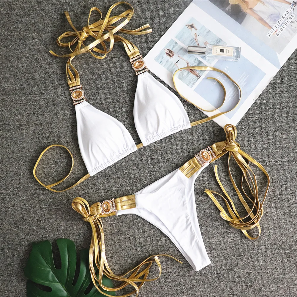 Sexy Crystal Bikini Set Push-up Bra Brazilian Tassel Swimwear Women Halter Solid Red Rhinestone Bathing Suit Tanga 2021 | Женская одежда