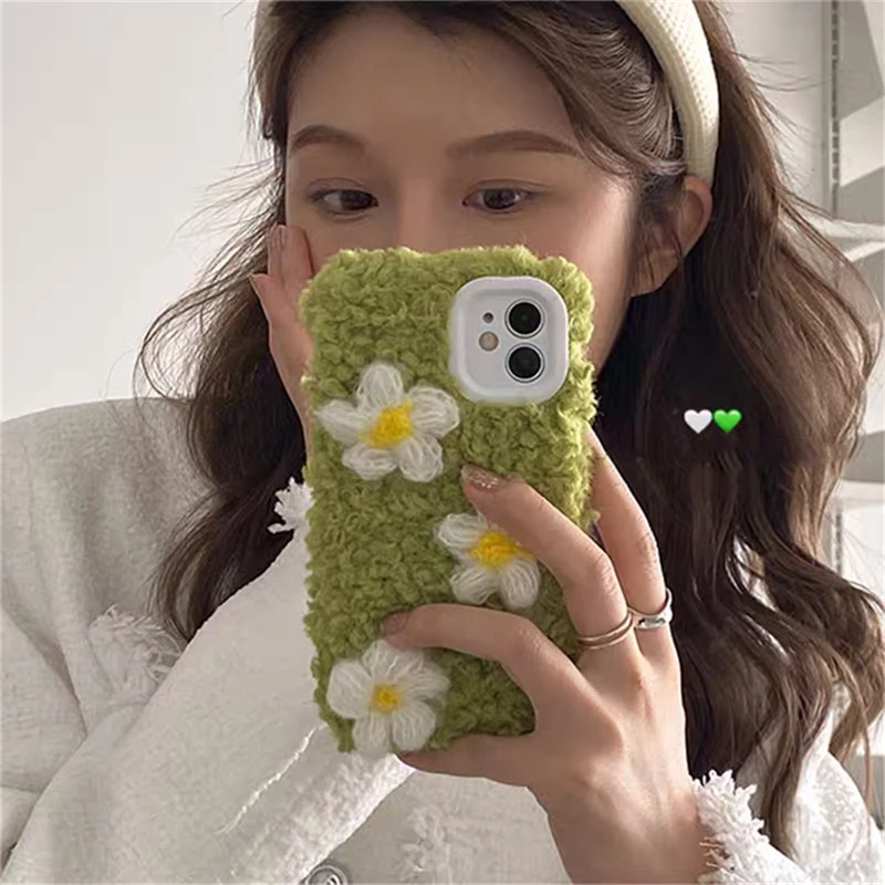

Aesthetic Plush Flower Phone Case For iPhone 11 12 13 Pro XS Max X XR 7 8 Plus Luxury Winter Soft Shockproof Back Cover