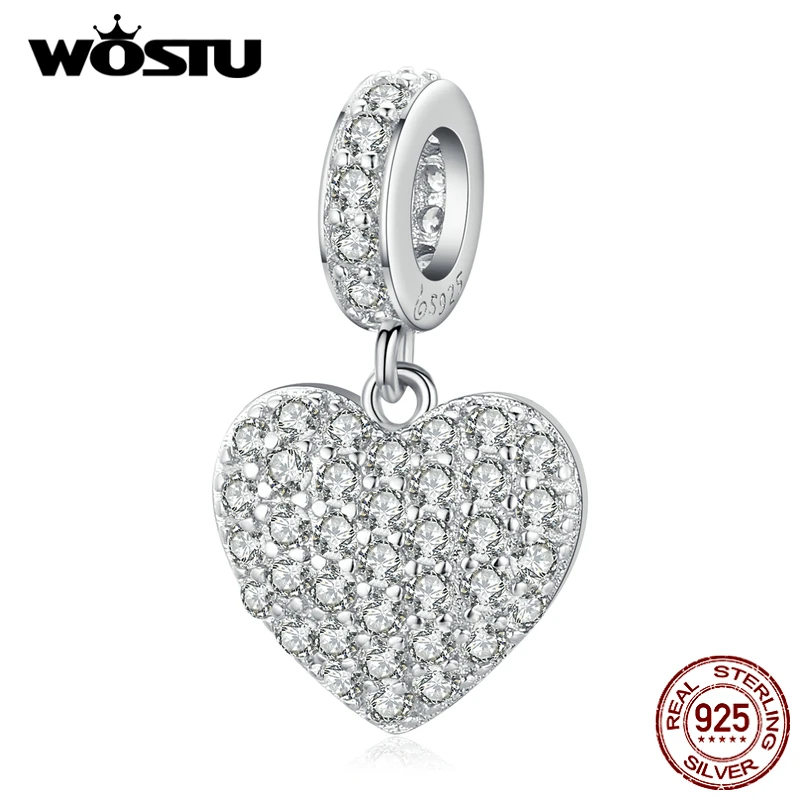 

WOSTU 925 Sterling Silver Sparkling Love Heart Pendant Charm Beads Fit Original Bracelet DIY Jewelry CTC527