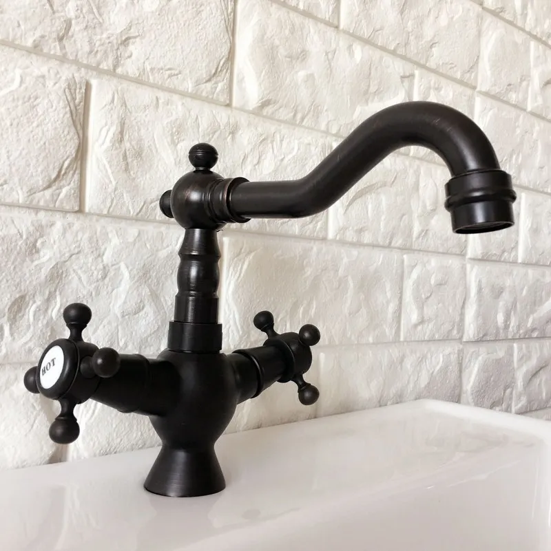 

Bathroom Sink Basin Faucet / Single Hole Deck Mounted Black Oil Rubbed Bronze 2 Cross Handles Swivel Spout Mixer Taps tnf362