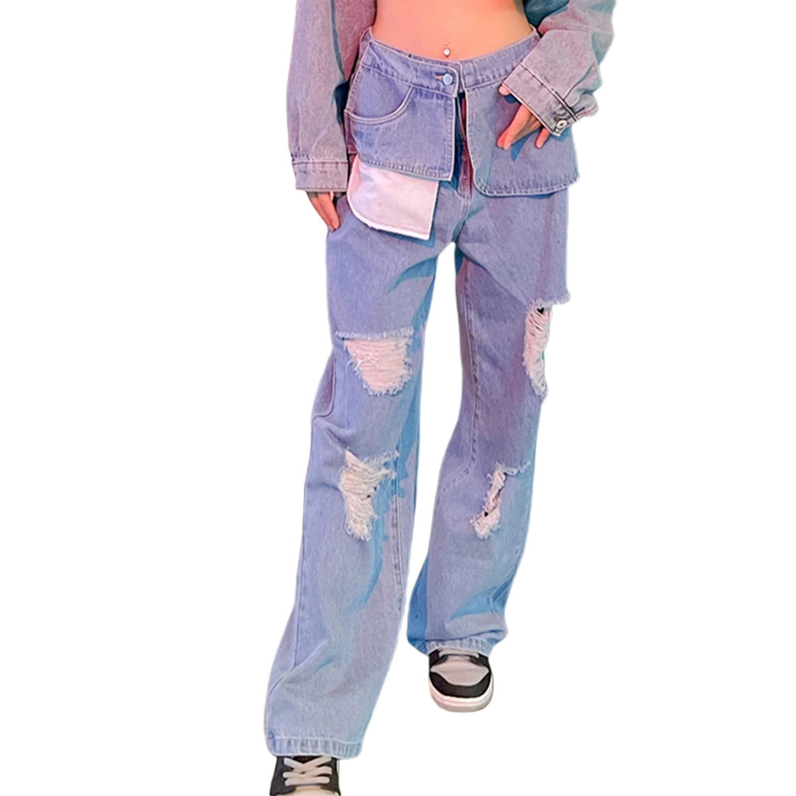 

Модные женские рваные джинсы, ажурные Брюки с высокой талией, длинные брюки для весны, лета, осени, синие, S/M/L