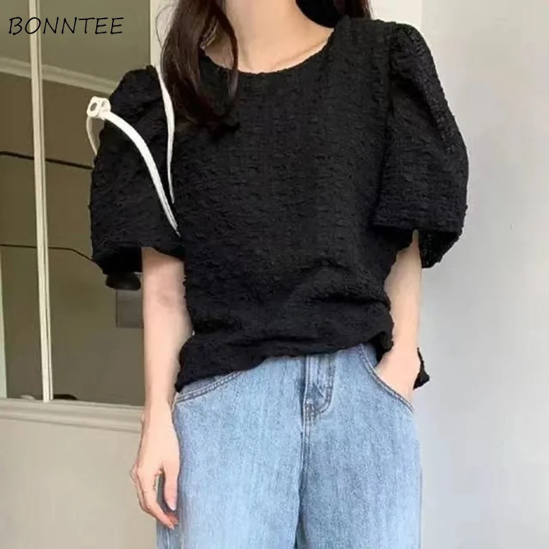 

Blouses Women Solid Folds Puff Sleeve Casual O-neck Lovely Girls Students Kawaii Elegant Tender Classy Tops Loose Fashion Newest