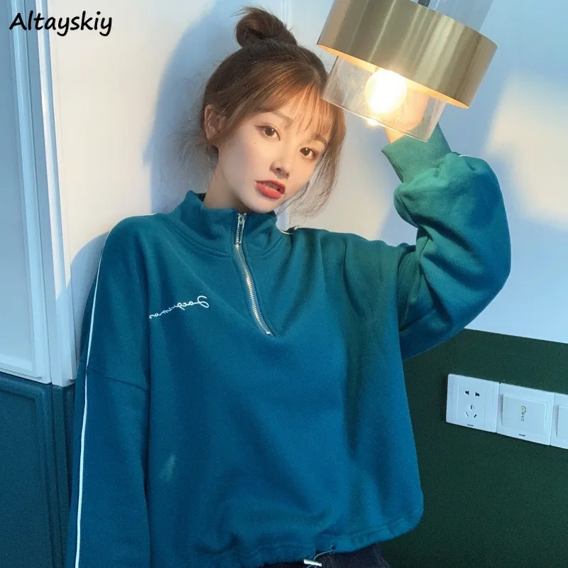 

Свитшот женский свободного покроя с надписью, модная универсальная водолазка в Корейском стиле, свободные худи синего цвета в стиле Харадз...