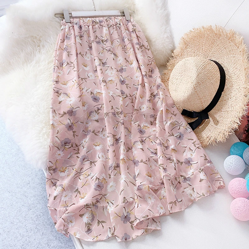 Летняя шифоновая плиссированная юбка с цветочным рисунком 2019 Женская Корейская