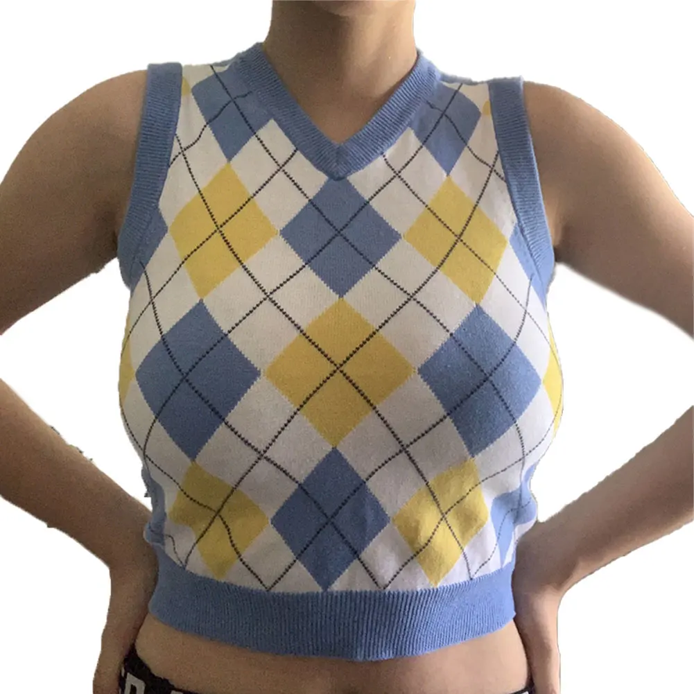 

Summer Autumn Women Vintage Fashion Tank Tops Sleeveless Knit Vest Plaid/Solid Color V-Neck Slim Crop Tops