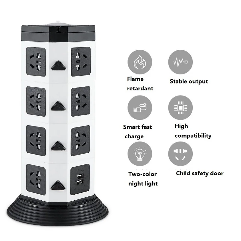 Tower Power Strip Vertical Desktop Multi Socket 7/11/15 Outlet with Dual USB 1.8M Extension cord Overload Protection | Обустройство