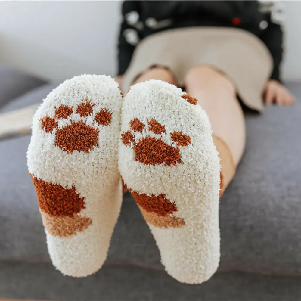

1 Pair Thickening Cat Paw Pattern Bed Socks Women Ladies Girls Cute Fashion Autumn And Winter Fluffy Warm Soft Socks