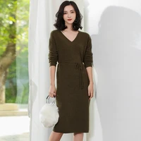 autumn winter and v neck knee length sashes dress womens loose cashmere vestido casual solid long sleeve womens sweater dress