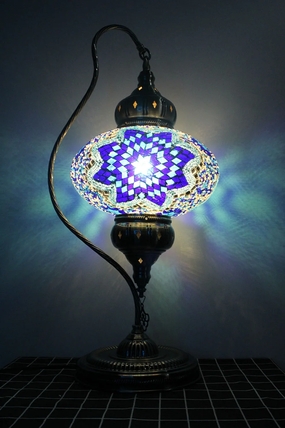 Turkish Lamp Mosaic Glass Bedside Table Lamp Moroccan Lantern Tiffany Style Night Light Marrakech Light for Room Decor (Moon)