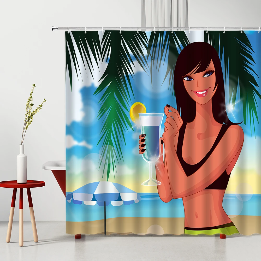 

3D Shower Curtain Sandy Beach Sexy Beauty Summer Day Landscape Machine Washable Bathroom Partition Bath Curtains Set With Hooks