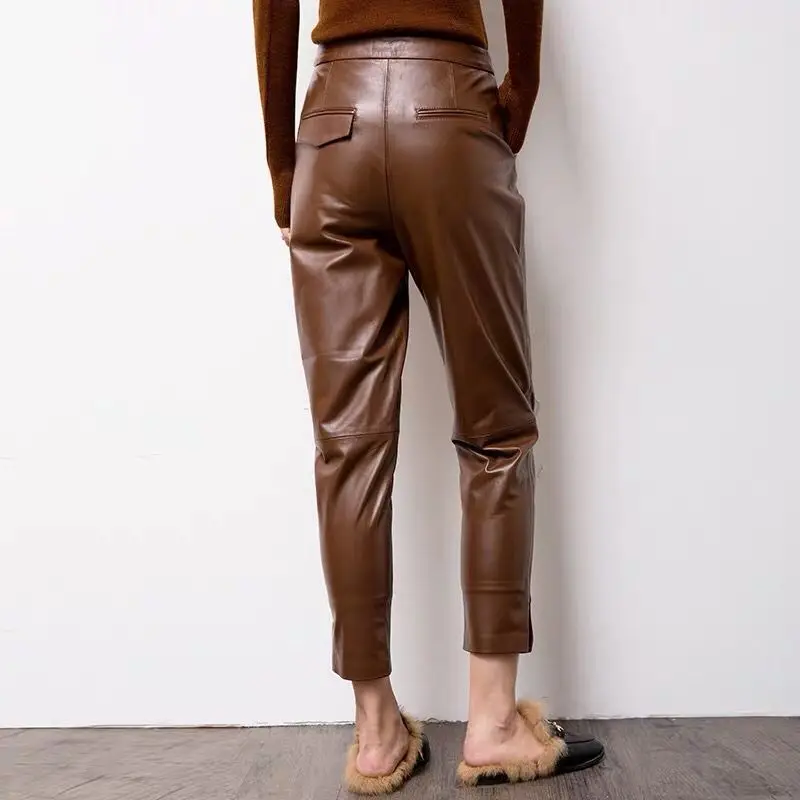 Women pants genuine sheep leather pants High waist black harem pants Elastic belt waist Trousers new fashion