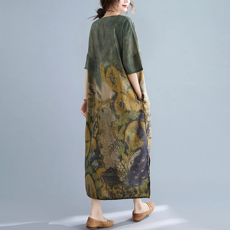 

2021 Plus Size Summer Dress Women Sundress Beach Floral V-Neck Vestidos Oversize Green Loose Polyester Casual Dresses