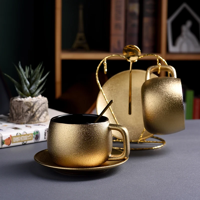 High Quality Golden Coffee Cup Set Frosted Ceramic Tea Cup Set Home Modern Mug Cups Espresso Coffee English Afternoon Tea Party