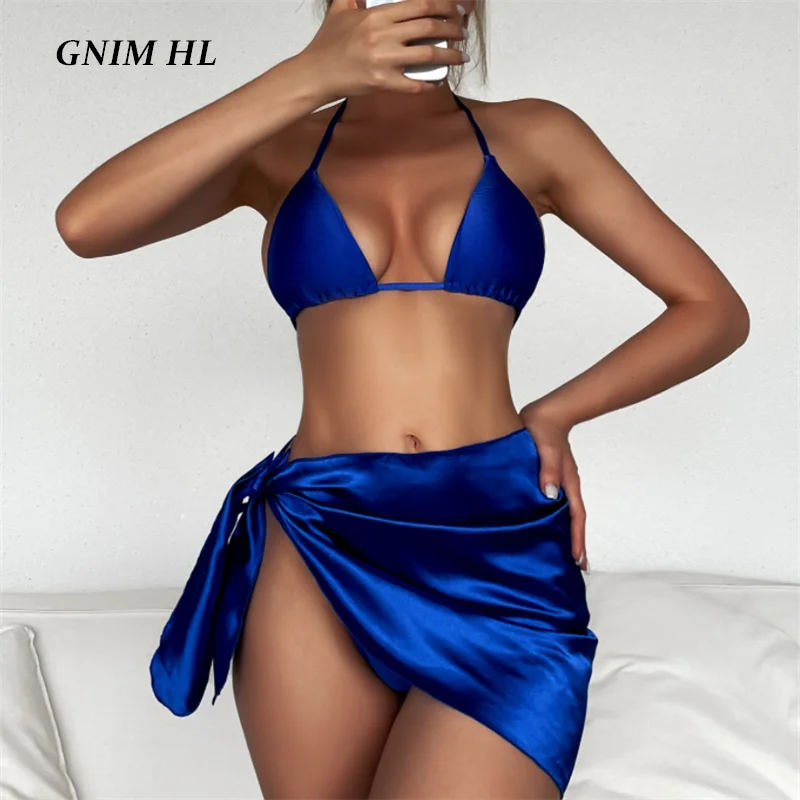 

GNIM Sexy Solid Triangle 3 Piece Set Bikini Swimwear Women Cover Up Backless Bandage Women's Swimsuit High Cut Beachwear Biquini