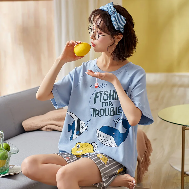 Пижама с коротким рукавом Fish Cartoon Song мужская женская повседневная летняя 2021 |
