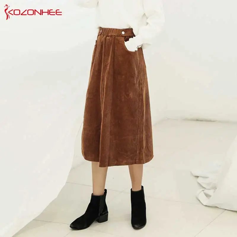 Модные вельветовые трапециевидные юбки размера плюс с высокой талией разрезом