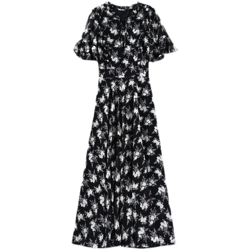 

COIGARSAM 3XL Plus Size Short Sleeve Women Long dress New Summer Chiffon Floral Print Dresses Black 3081