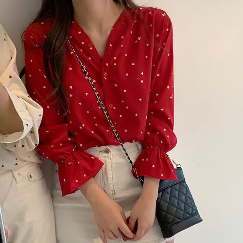 

Women Blouse Shirts Long Sleeve Ladies Casual Ruffle Heart Print Polka Dot Sexy V Neck shirt Tops Women Fashion Love Blouses