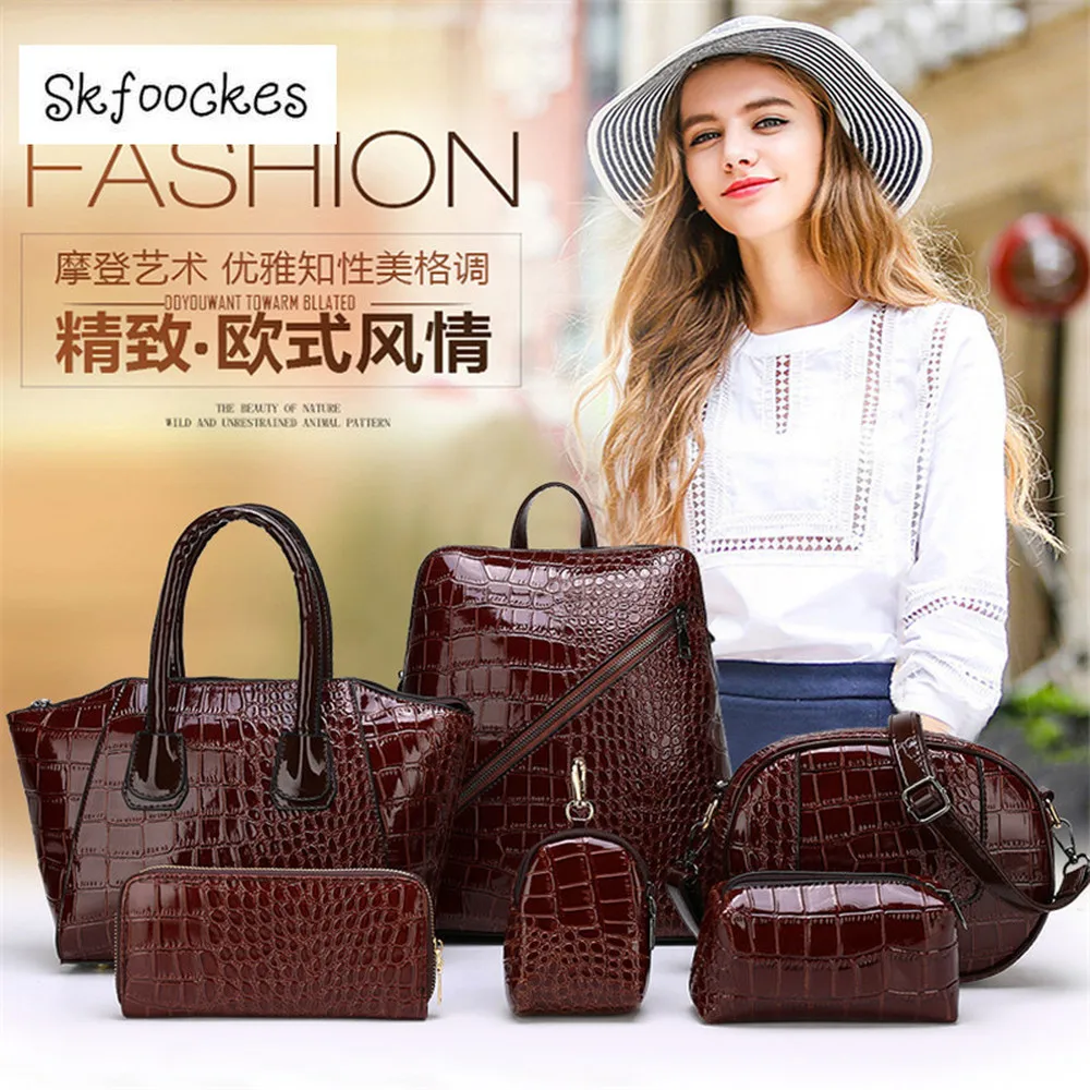 

Skfoockes Handbags 2020 New Crocodile Pattern PU Six-piece Set Crocodile Pattern Shoulder Bag Embossed Messenger Bag