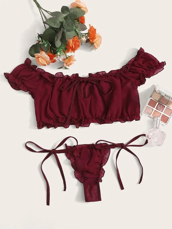 

Bra set Women's Underwear Cute Daisy Embroidery Lingerie set Off-Shoulder Bralette Top+Shorts Transparent Mesh Sexy Lingerie
